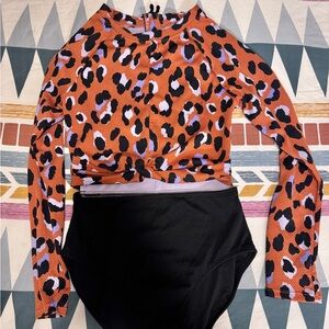 Leopard Print Long Sleeve Swimsuit - Orange and Black